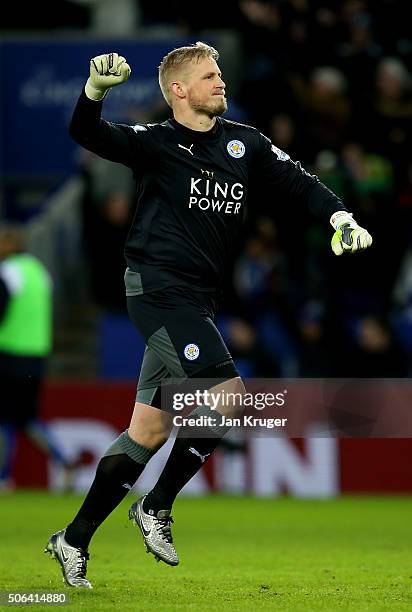 Kasper Schmeichel of Leicester City celebrates his team's second goal during the Barclays Premier League match between Leicester City and Stoke City...