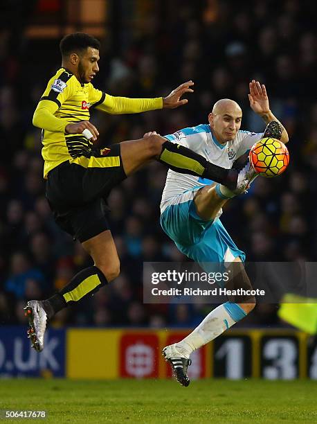 Etienne Capoue of Watford and Jonjo Shelvey of Newcastle United compete for the ball during the Barclays Premier League match between Watford and...