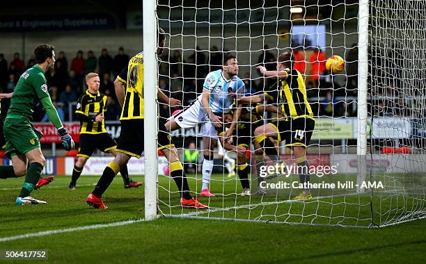 Andy Mangan of Shrewsbury Town scores a goal to make it 1-1 during the Sky Bet League One match between Burton Albion and Shrewsbury Town at Pirelli...