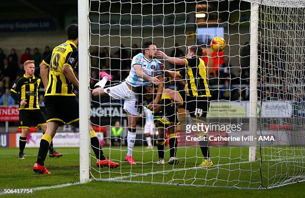 Andy Mangan of Shrewsbury Town scores a goal to make it 1-1 during the Sky Bet League One match between Burton Albion and Shrewsbury Town at Pirelli...