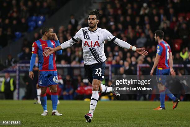 Nacer Chadli of Tottenham Hotspur celebrates scoring his team's third goal during the Barclays Premier League match between Crystal Palace and...