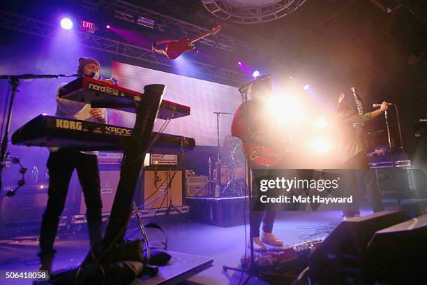 Nick Bockrath, Daniel Tichenor, Brad Shultz, Daniel Tichenor, Jared Champion and Matthew Shultz of Cage The Elephant perform on stage at the...