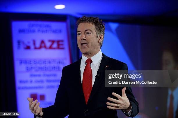 Republican presidential candidate Rand Paul speaks at the NHGOP First In The Nation Town Hall January 23, 2016 in Nashua, New Hampshire. The...