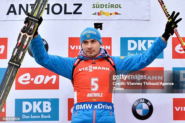 Anton Shipulin of Russia takes 1st place during the IBU Biathlon World Cup Men's and Women's Pursuit on January 23, 2016 in Antholz-Anterselva, Italy.