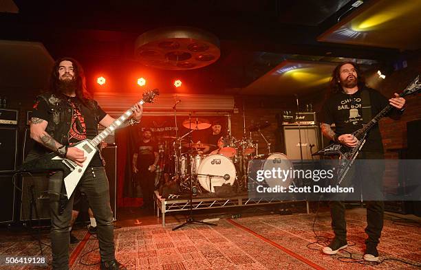 Musicians Robb Flynn, Dave Lombardo and Phil Demmel of Machine Head perform onstage at Lucky Strike Live on January 22, 2016 in Hollywood, California.