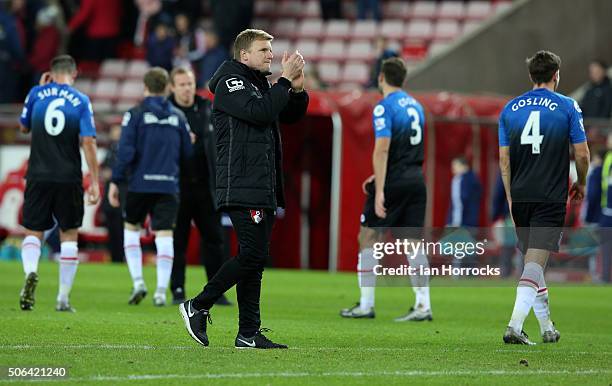 Bournemouth manager Eddie Howe applauds the fans at the final whilstle during the Barclays Premier League match between Sunderland and Bournemouth at...