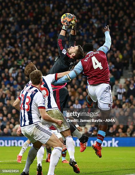 Ben Foster of West Bromwich Albion claims the ball ahead of Micah Richards of Aston Villa during the Barclays Premier League match between West...