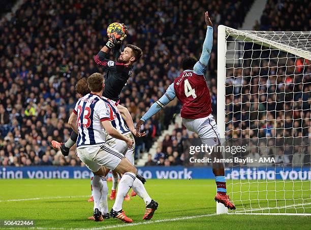 Ben Foster of West Bromwich Albion claims the ball ahead of Micah Richards of Aston Villa during the Barclays Premier League match between West...