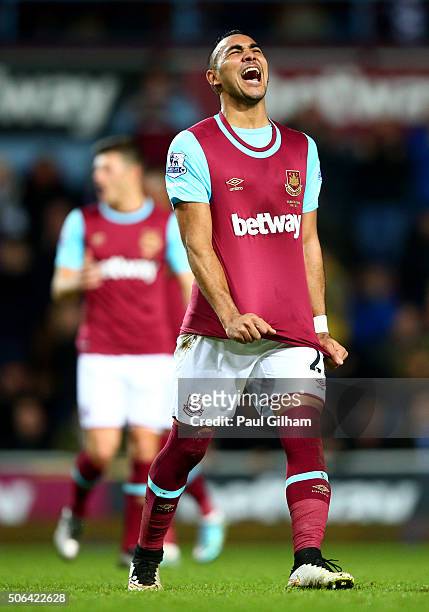 Dimitri Payet of West Ham United reacts after his free kick is saved during the Barclays Premier League match between West Ham United and Manchester...