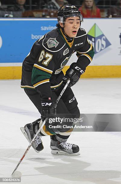 Kole Sherwood of the London Knights skates against the Peterborough Petes during an OHL game at Budweiser Gardens on January 22,2016 in London,...