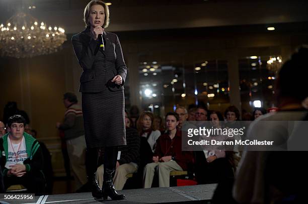 Republican presidential candidate Carly Fiorina speaks at the NHGOP First In The Nation Town Hall January 23, 2016 in Nashua, New Hampshire. The...