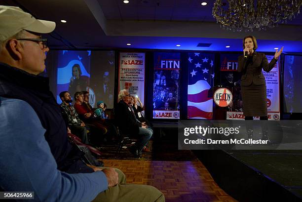 Republican presidential candidate Carly Fiorina speaks at the NHGOP First In The Nation Town Hall January 23, 2016 in Nashua, New Hampshire. The...