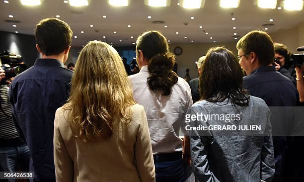 Members of left-wing political party Podemos, Inigo Errejon, Victoria Rosell, Pablo Iglesias, Irene Montero, and Xavi Domenech, pose before a press...