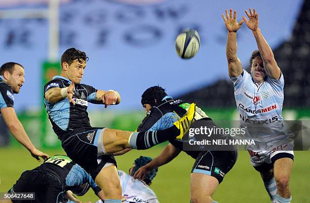 Glasgow's New Zealand-born Scottish player Grayson Hart kicks a clearence during the European Rugby Champions Cup pool 3 rugby union match between...