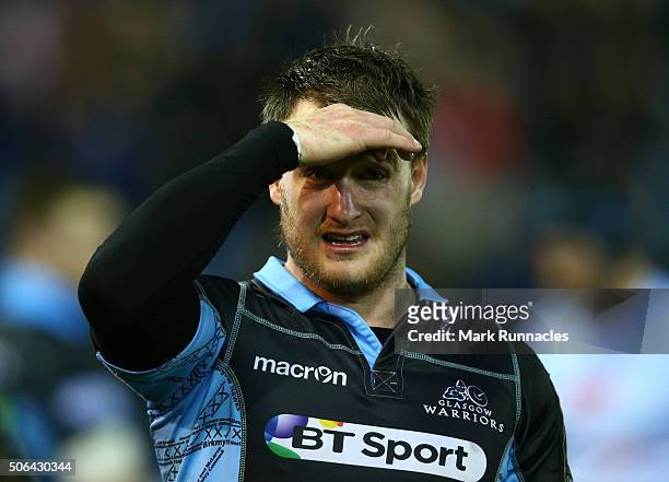 Stuart Hogg of Glasgow Warriors looks on at the end of the European Rugby Champions Cup pool 3 match between Glasgow Warriors and Racing 92 at Rugby...