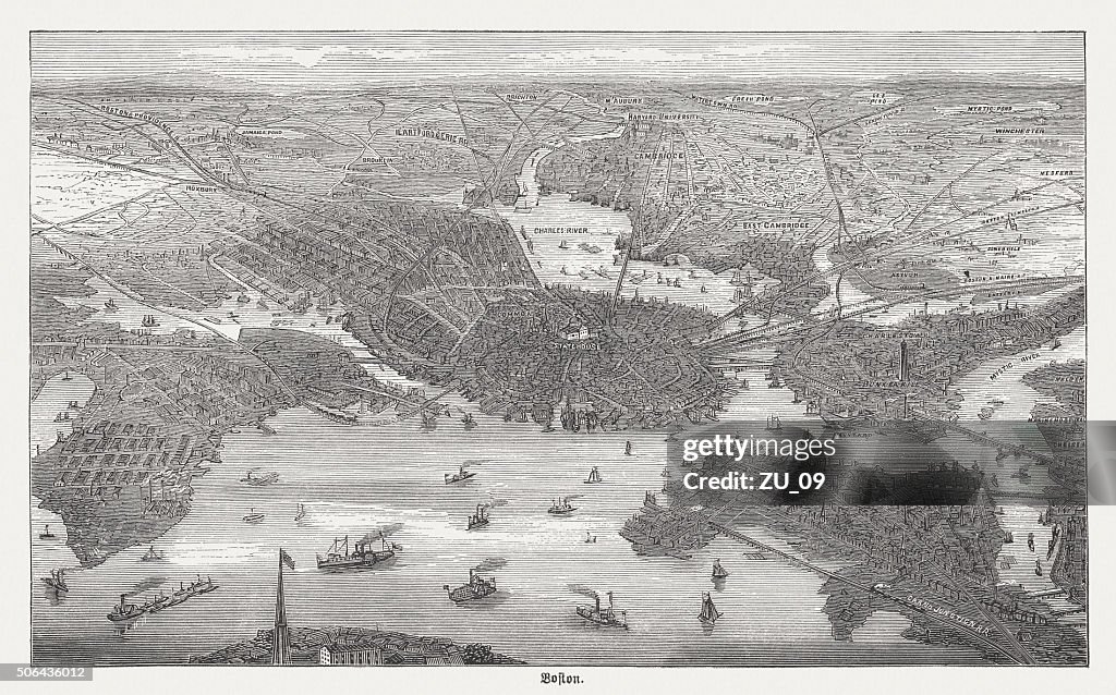 Boston in the 19th century, wood engraving, published in 1882