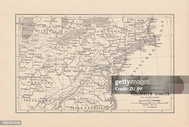 map of northeast united states, published in 1882 - virginia v north carolina stock illustrations