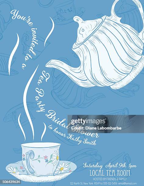 cute teapot and cup bridal shower invitation - tea party stock illustrations