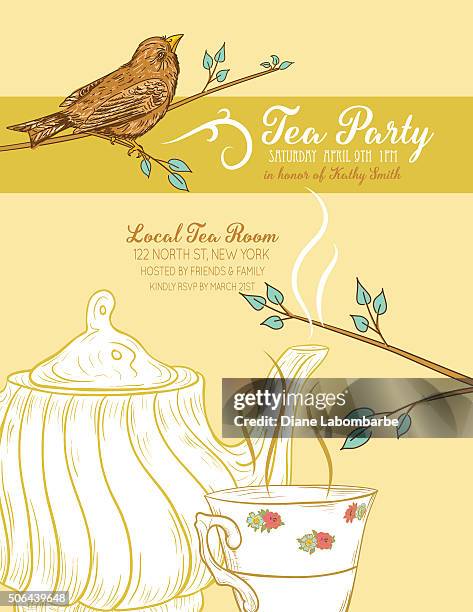 süße-teekanne und tasse brautparty einladung - afternoon tea stock-grafiken, -clipart, -cartoons und -symbole