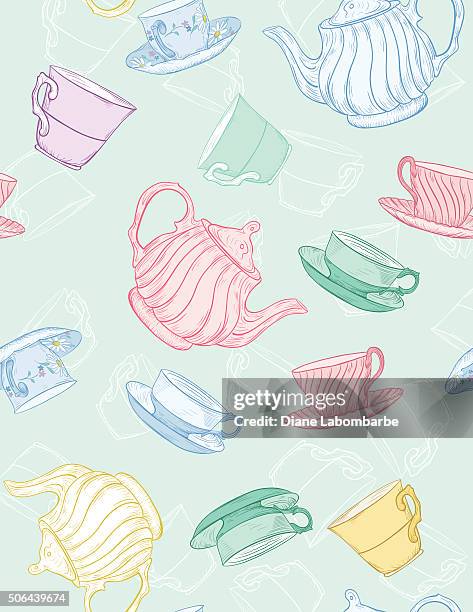 cute teapot and cup seamless pattern - pouring tea stock illustrations