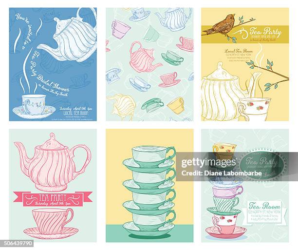 stockillustraties, clipart, cartoons en iconen met tea party invitation template set - theepot