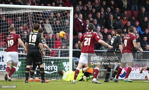 Rod McDonald of Northampton Town scores his sides third goal during the Sky Bet League Two match between Northampton Town and Morecambe at Sixfields...