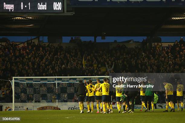 Oxford players celebrate with their fans during the Sky Bet League Two match between Portsmouth and Oxford United at Fratton Park on January 23, 2016...