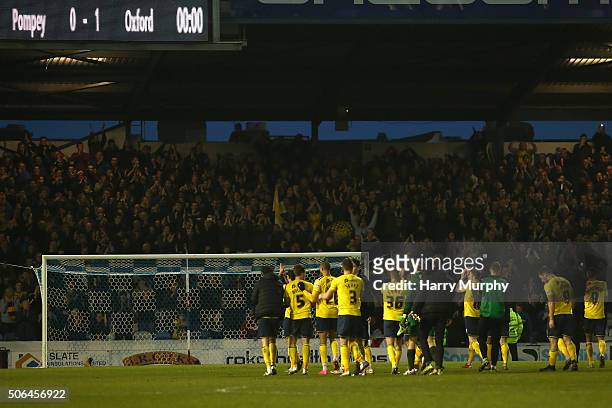 Oxford players celebrate with their fans during the Sky Bet League Two match between Portsmouth and Oxford United at Fratton Park on January 23, 2016...