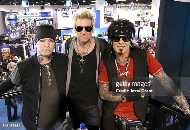 Ashba, James Michael and Nikki Sixx of Sixx:A.M. Attend day 3 of the 2016 NAMM Show at the Anaheim Convention Center on January 23, 2016 in Anaheim,...