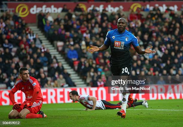 Bournemouth's Benik Afobe celebrates scoring during the Barclays Premier League match between Sunderland and Bournemouth at The Stadium of Light on...