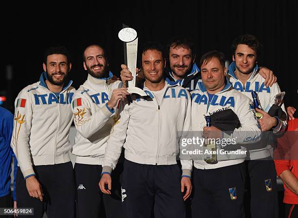 Marco Fichera, Andrea Santarelli, Paolo Pizzo, Assistent Luigi Mazzone, Coach Dario Chiado and Enrico Garozzo of Italy celebrate on the podium after...