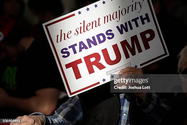 Man holds a sign during a campaign event for Republican presidential candidate Donald Trump January 23, 2016 in Pella, Iowa. Trump, who is seeking...