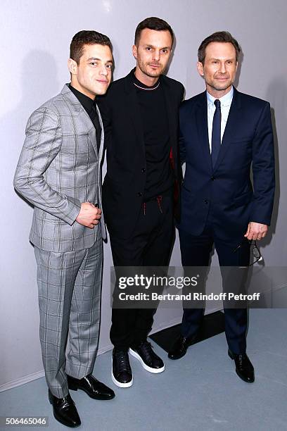 Actor Rami Malek, Fashion designer Kris Van Assche and Actor Christian Slater pose Backstage after the Dior Homme Menswear Fall/Winter 2016-2017 show...