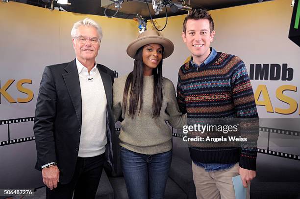 Actors Harry Hamlin and Tika Sumpter and critic Ben Lyons in the IMDb Studio In Park City for "IMDb Asks": Day Two - on January 23, 2016 in Park...