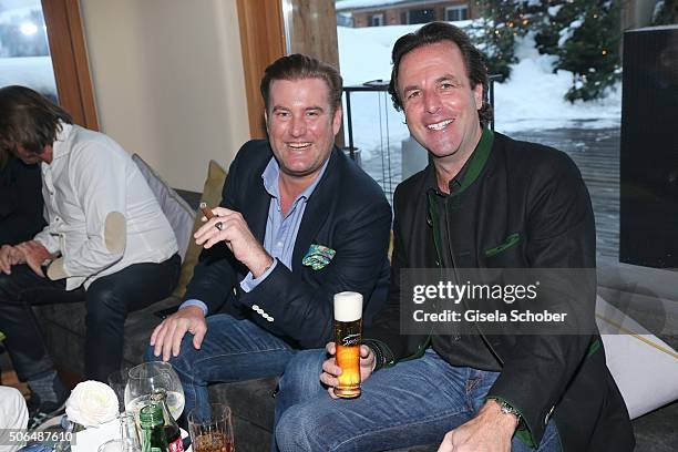 Fabian Herdieckerhoff and Florian Haffa during the Daniel Marshall cigar lounge event at Kitzbuehel Country Club on January 23, 2016 in Kitzbuehel,...