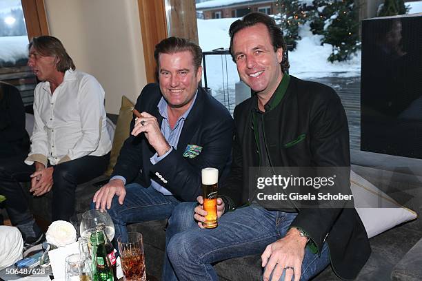 Fabian Herdieckerhoff and Florian Haffa during the Daniel Marshall cigar lounge event at Kitzbuehel Country Club on January 23, 2016 in Kitzbuehel,...