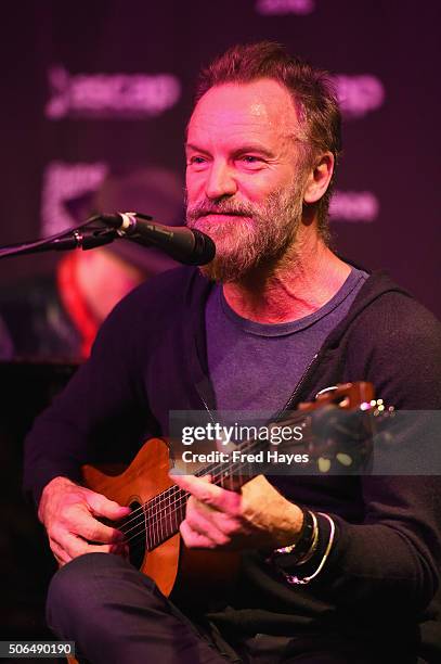 Sting performs at the ASCAP Music Cafe during the 2016 Sundance Film Festival at Sundance ASCAP Music Cafe on January 23, 2016 in Park City, Utah.