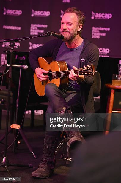 Sting performs at the ASCAP Music Cafe during the 2016 Sundance Film Festival at Sundance ASCAP Music Cafe on January 23, 2016 in Park City, Utah.