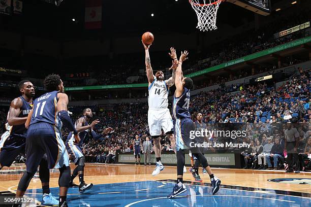 Nikola Pekovic of the Minnesota Timberwolves shoots against the Memphis Grizzlies on January 23, 2016 at Target Center in Minneapolis, Minnesota....