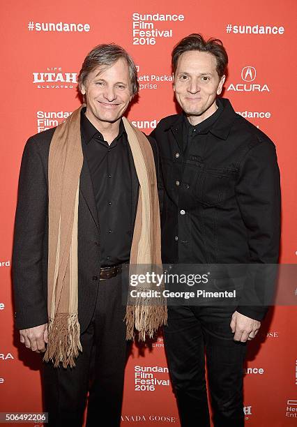 Actor Viggo Mortensen and director Matt Ross attend the "Captain Fantastic" Premiere during the 2016 Sundance Film Festival Theatre on January 23,...