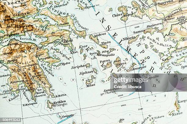 antique german atlas map close up: greek islands - santorini 幅插畫檔、美工圖案、卡通及圖標