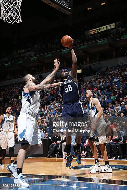 Zach Randolph of the Memphis Grizzlies shoots against Nikola Pekovic of the Minnesota Timberwolves on January 23, 2016 at Target Center in...