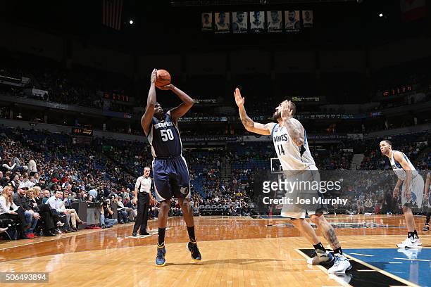 Zach Randolph of the Memphis Grizzlies shoots against Nikola Pekovic of the Minnesota Timberwolves on January 23, 2016 at Target Center in...