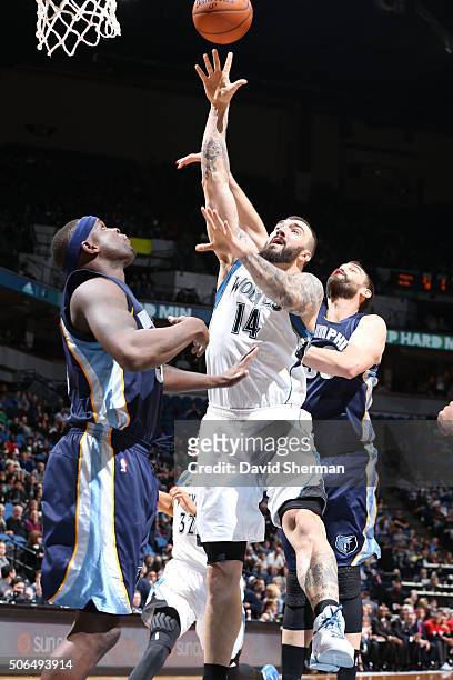 Nikola Pekovic of the Minnesota Timberwolves shoots against the Memphis Grizzlies on January 23, 2016 at Target Center in Minneapolis, Minnesota....