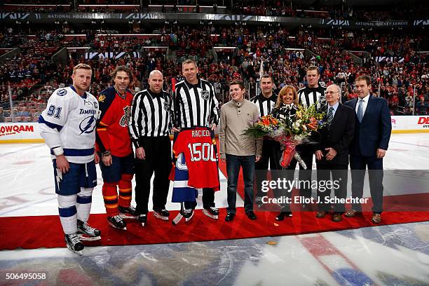 Linesmen Pierre Racicot officiated his 1500th game tonight between the Florida Panthers and the Tampa Bay Lightning. Jaromir Jagr of the Florida...