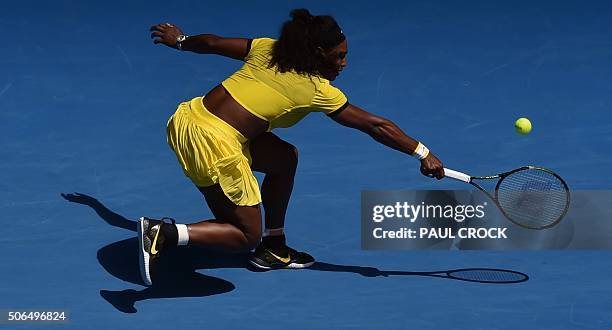 Serena Williams of the US serves against Russia's Margarita Gasparyan during their women's singles game on day seven of the 2015 Australian Open...