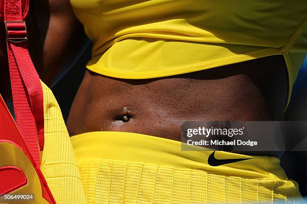 Detail view of the accerories on Serena Williams of the United States in her fourth round match against Margarita Gaspatryan of Russia during day...