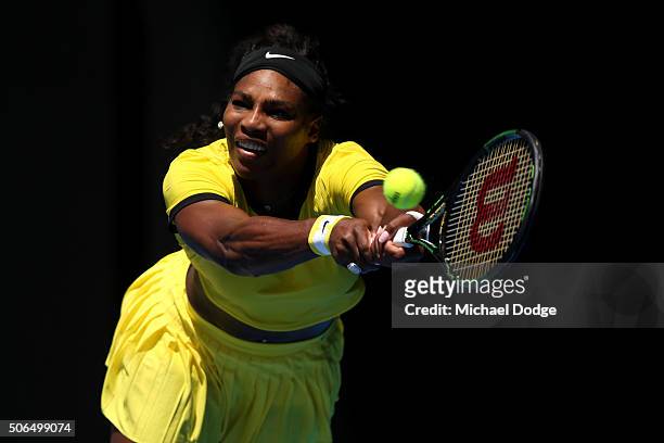 Serena Williams of the United States plays a backhand in her fourth round match against Margarita Gaspatryan of Russia during day seven of the 2016...