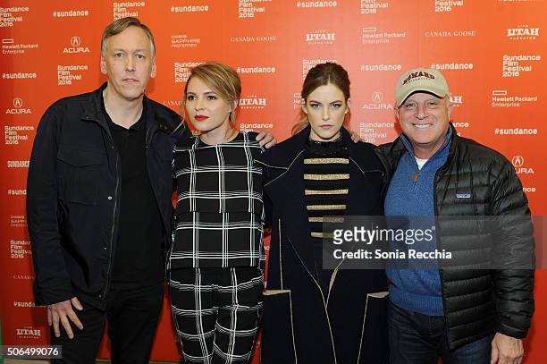 Writer/director Lodge Kerrigan, actors Amy Seimetz and Riley Keough, and Starz CEO Chris Albrecht attend "The Girlfriend Experience" Premiere during...