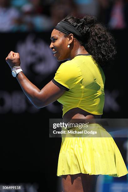 Serena Williams of the United States celebrates winning a point in her fourth round match against Margarita Gaspatryan of Russia during day seven of...